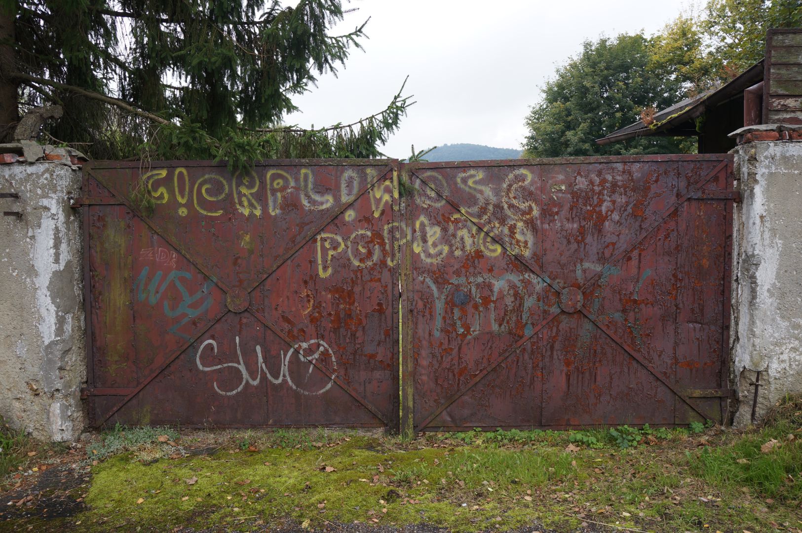 Mocno zardzewiała brama, na niej grafitti „Cierpliwość popłaca”